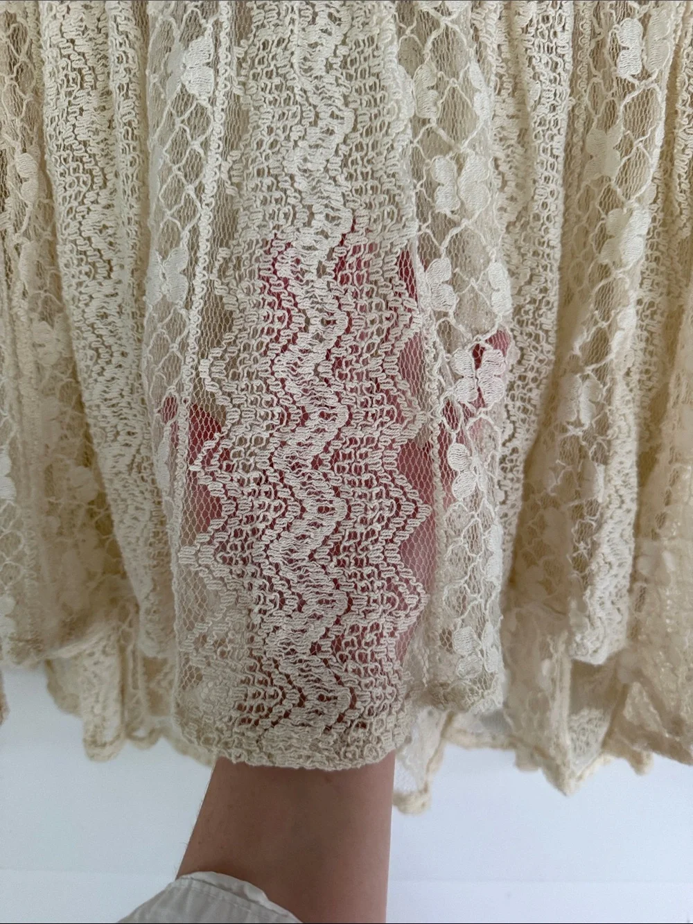 Free People Cream Lace Peasant Blouse with Red Embroidered Bib